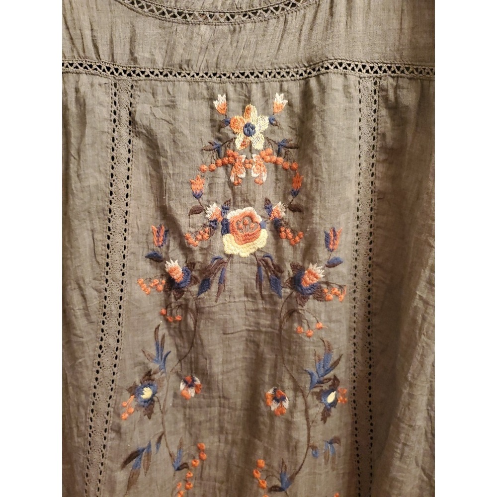 UMGEE Boho Floral Women Sz M Embroidered Waterfall Bell Sleeve Tunic Dress Olive - Picture 3 of 7